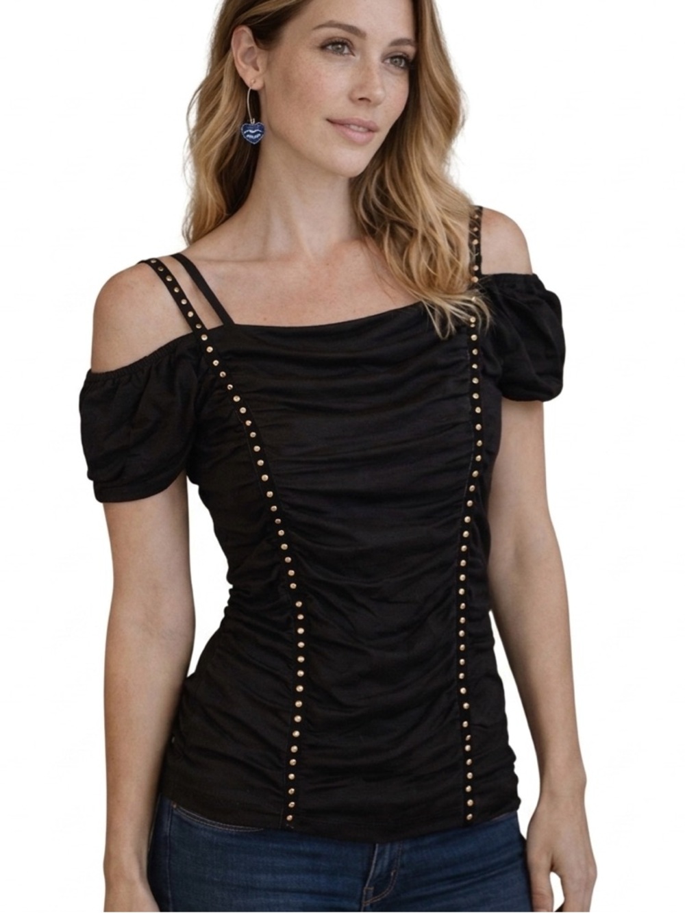 NWOT Entry Black Off Shoulder Ruched Studded Top
